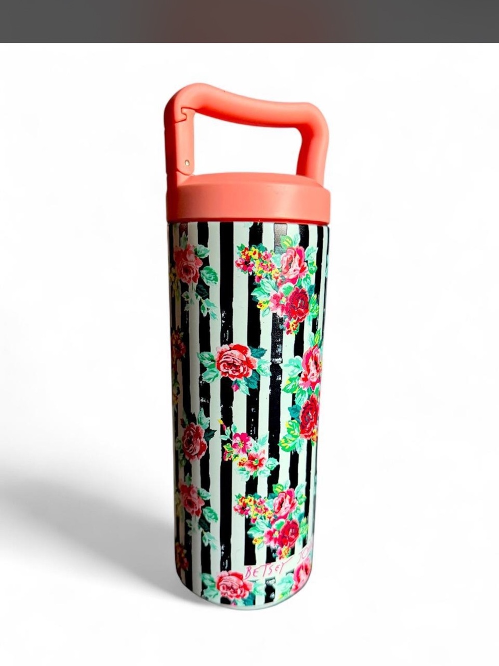 Betsey Johnson Coral Handle Floral Stripe Travel Tumbler NWOT